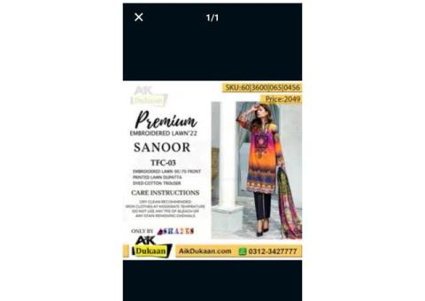 Premium Embroidered Lawn-3 PC Sanoor ,aikdukaan